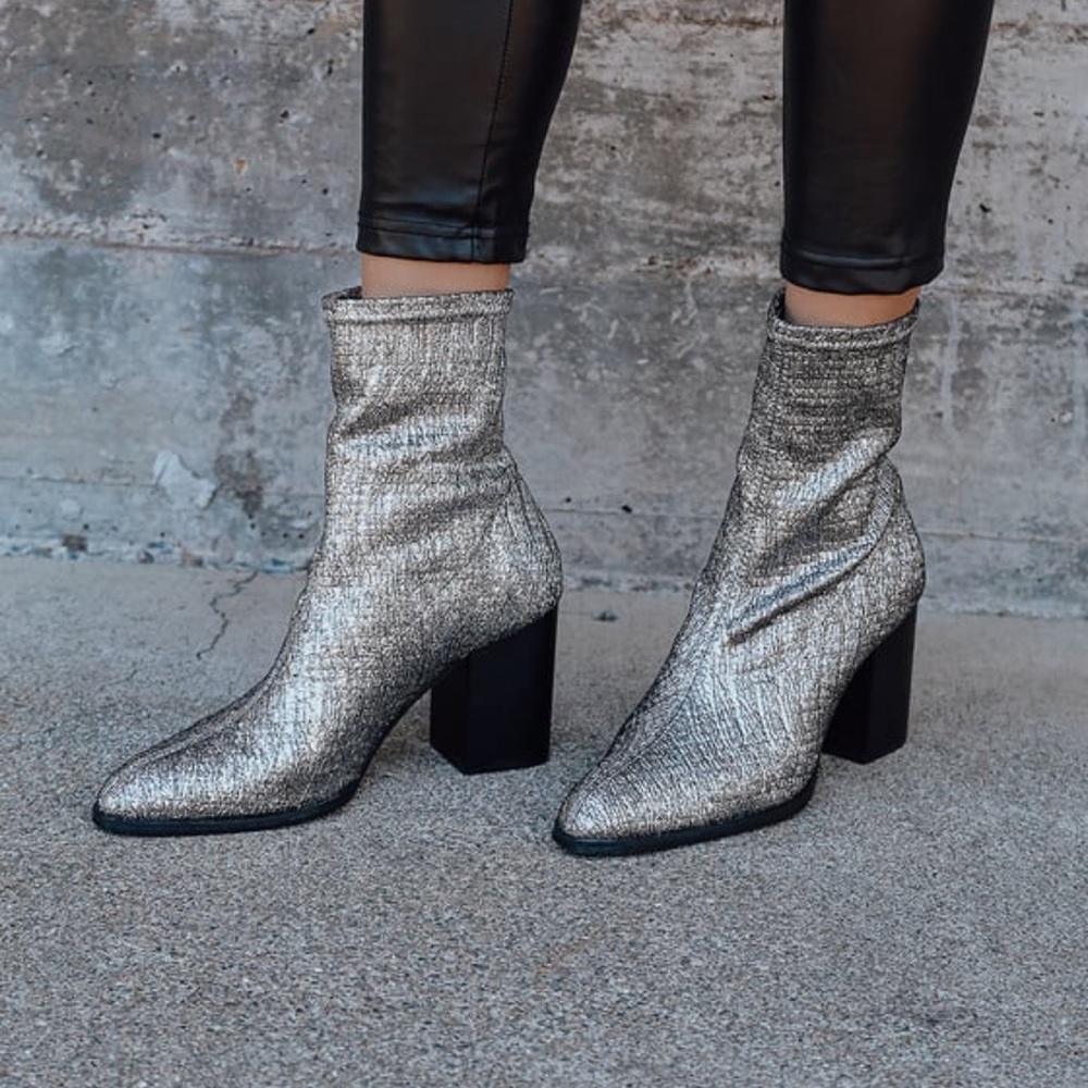 Studio-LL Silver Metallic Pointed-Toe Mid-Calf Sock Boots